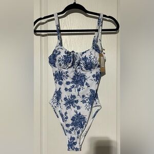 Blue and White Floral One Piece Swimsuit